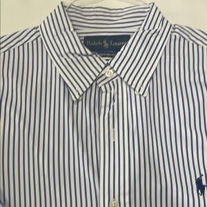 Ralph Lauren Men's White and Blue Striped Dress Shirt